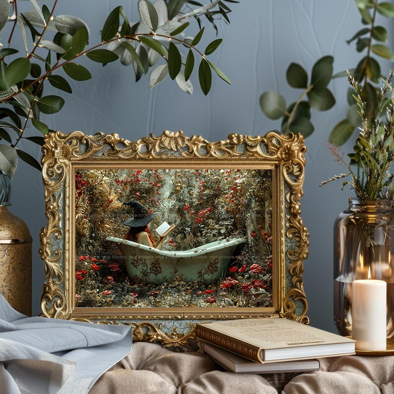 Bruja en la bañera, lámina decorativa para pared, leyendo un libro en un jardín floral, baño de brujas, estilo cottagecore oscuro, fantasía, póster horizontal Whimsigoth S86 imagen 6