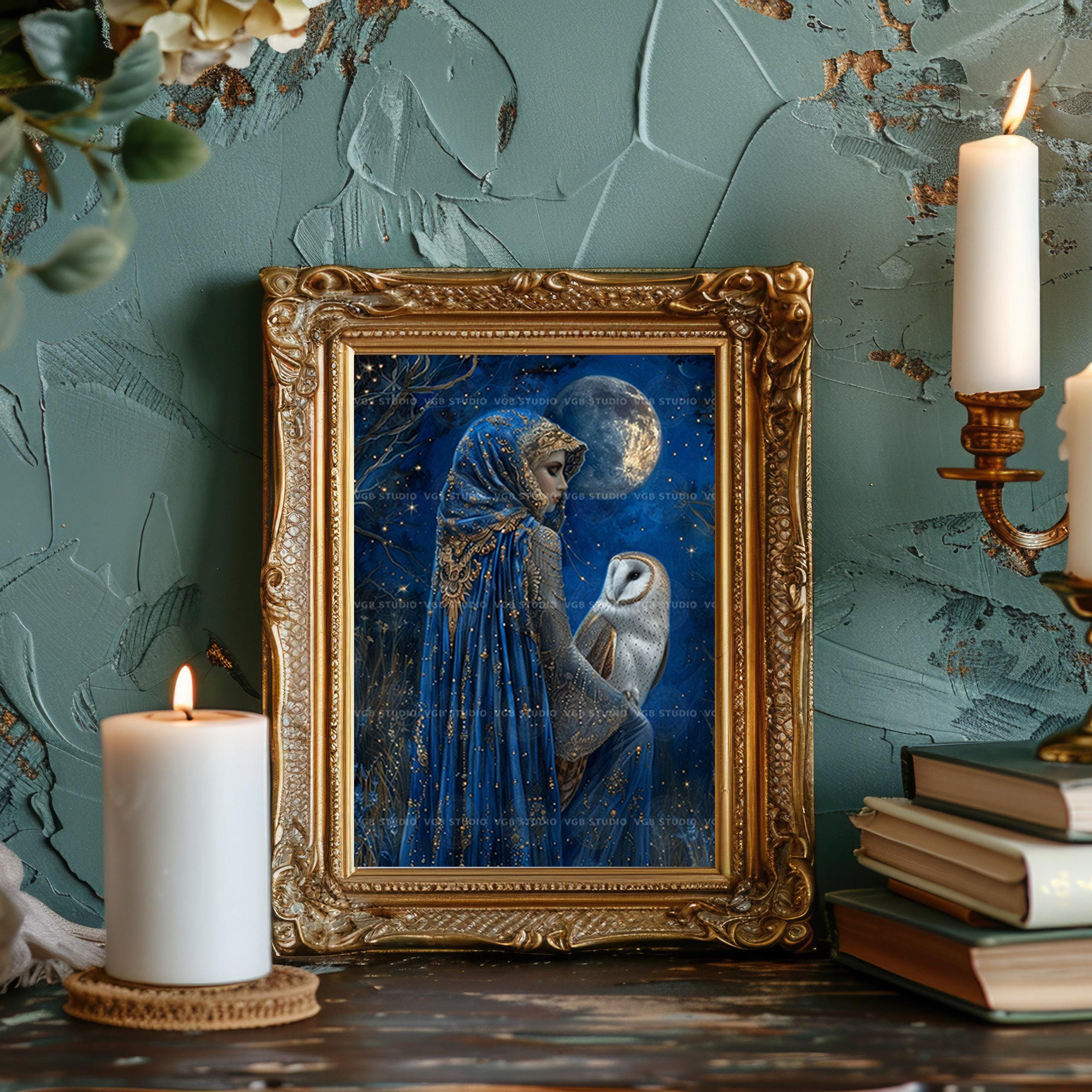夜の女神ニュクスのギリシャアートプリント、メンフクロウと月の絵画