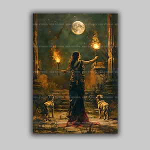 Hekate Kunstdruck Göttin der Magie Fackelträger Hexe Dekor Pagan Mond Priesterin Wand Kunst Unterwelt Hunde Spirituell Feminin Poster s07