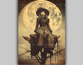 Victorian Witch Full Moon Wall Art Print, Gothic Moon Witch Poster Vintage Halloween Dark Academia Decor Witchy Pagan Broomstick Fantasy H34