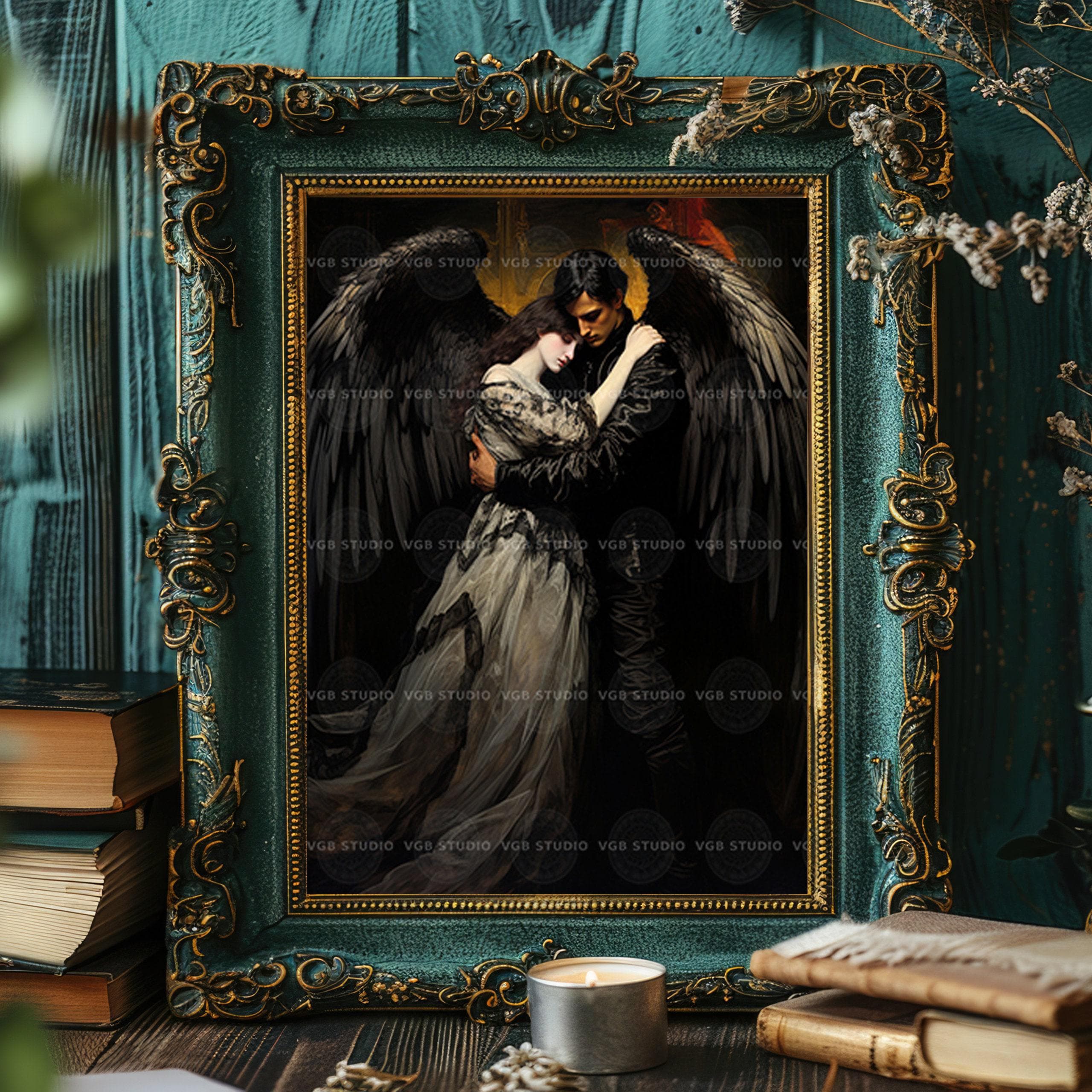 Dark Angel Couple Art Print, Gothic Romance Wall Decor, Fallen