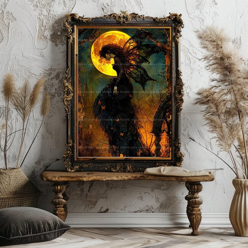 Gothic Fairy Art Print, Victorian Fae in Black Lace Under Harvest Moon, Church Spire and Copper Butterflies, Whimsigoth Halloween Decor q94 image 6