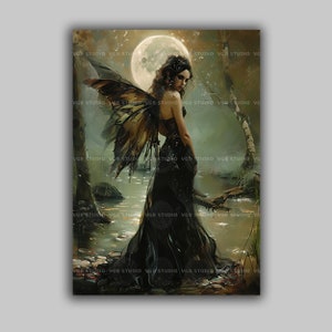 Moonlit Forest Fairy Art Print Gothic Dark Fae Wall Decor Enchanted Woodland Fantasy Painting Ethereal Faerie Witch Home Decor q36