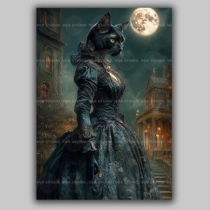 Victorian Gothic Black Cat Lady Portrait Under Full Moon Dark Academia Fantasy Animal Art Print for Gothic Home and Library x50