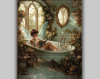 Fairy Reading in a Clawfoot Tub Art Print, Blue Winged Fae in a Mint Green Victorian Bathroom, Gothic Window Cottagecore Decor AN24