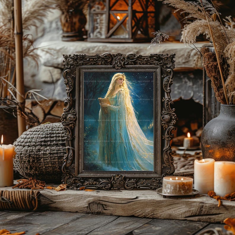 Lady of the Lake Wall Art, Enchanted Sorceress in Blue Gown with Magic Book, Arthurian Fantasy Print, Celestial Witch Home Decor Gift z91 image 6