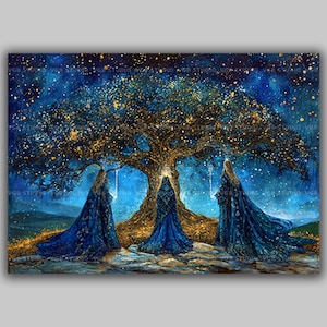 Norns Norse Goddesses Of Fate Art Print Under Yggdrasil Tree In Blue And Gold Fantasy Nordic Mythology Wall Art Pagan Witchy Decor L07