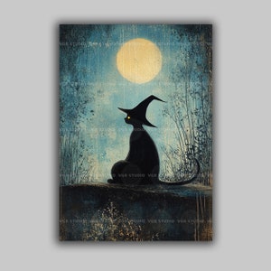 Witch Cat Art Print Black Cat with Hat Under Full Moon Whimsical Halloween Wall Decor Magical Feline Illustration Wiccan Witchy Poster t28