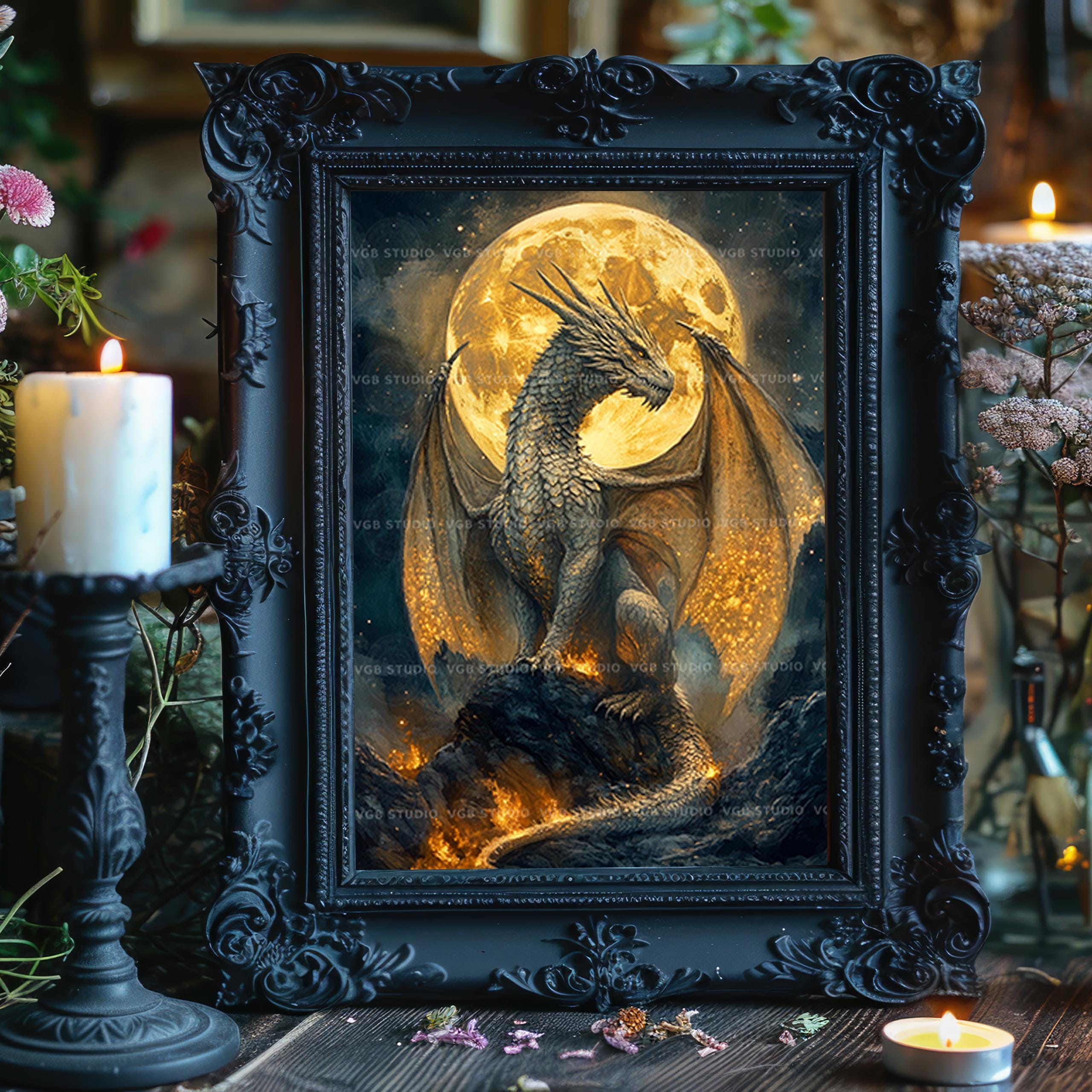 Silver Dragon Under Full Moon Art Print Mystical Fantasy Creature ...