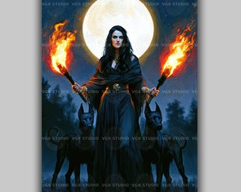 Hecate Hekate Art Print, Greek Witchcraft Goddess, Twin Torches Black Hounds, Full Moon Pagan Altar Decor, Divine Feminine Painting AN97