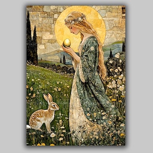 Ostara Goddess Art Print Spring Equinox Pagan Decor Hare Egg Floral Wildflower Wiccan Wall Art Germanic Mythology Easter Renewal Gift AE48