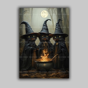 Black Cat Witch Art Print, Three Kitten Coven Cauldron, Vintage Halloween Wall Decor, Whimsical Gothic Feline Painting, Spooky Poster d40