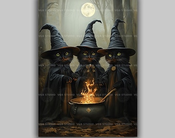 Witch Cats Art Print Black Cat Trio Cauldron Halloween Wall Decor Magical Moonlit Forest Gothic Wicca Coven Witchy Kitchen Lover Gift d40