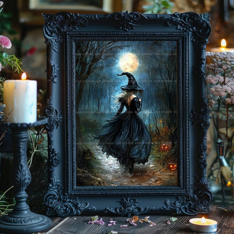 Witch Wall Art Print, Gothic Halloween Decor, Full Moon Painting, Occult Aesthetic, Dark Academia Poster, Witchy Gifts, Pagan Altar t46 image 2