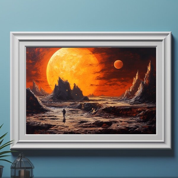 Retro Futurist Space Artwork Man walking on a Dying Alien Planet Red Sun Art Sci-Fi Pop Space Vintage Poster Print Wall Art 1970s 1980s