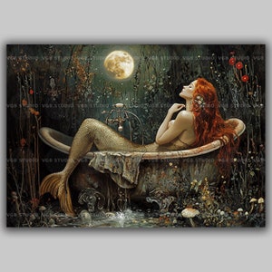 Mondschein Meerjungfrau Art Print Rothaarige in Wald Badewanne Gothik Märchen Wanddeko Pilz Teich Szene Fantasy Badelandschaft Kunstwerk w85