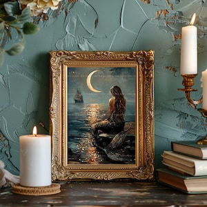 Lámina decorativa de sirena a la luz de la luna, decoración náutica oscura, pintura de barco, ilustración fantástica, estética costera, Mermaidcore, magia del océano AF74 imagen 4