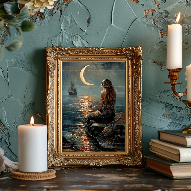 Lámina decorativa de sirena a la luz de la luna, decoración náutica oscura, pintura de barco, ilustración fantástica, estética costera, Mermaidcore, magia del océano AF74 imagen 4