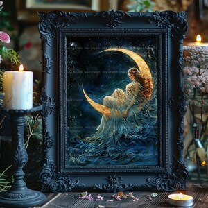 Selene maan godin Wall Art Print wassende maan hemelse decor Griekse mythologie poster goddelijke vrouwelijke spirituele kunst Dark Academia Lunar 23 afbeelding 2