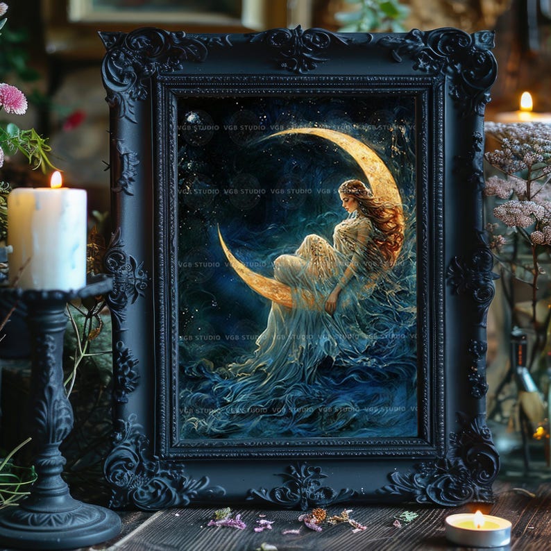 Selene maan godin Wall Art Print wassende maan hemelse decor Griekse mythologie poster goddelijke vrouwelijke spirituele kunst Dark Academia Lunar 23 afbeelding 2