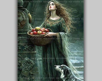 May include: An artistic painting depicts a woman in a green gown holding a basket of red apples. A dog with black and white fur looks up at her. The background features stone architecture and stairs, with the text "VGB STUDIO" repeated.