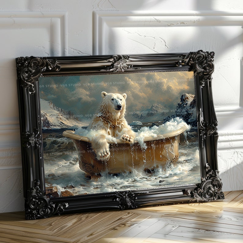 White Polar Bear Spa Bath Victorian Bathtub Print, Bathroom Artic