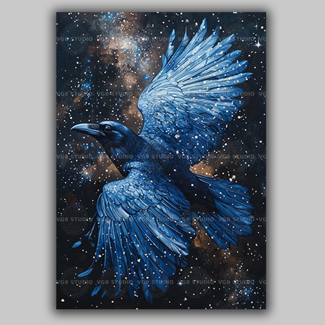 Celestial Raven Crow Wall Art Print, Blue Galaxy Bird Poster, Gothic ...