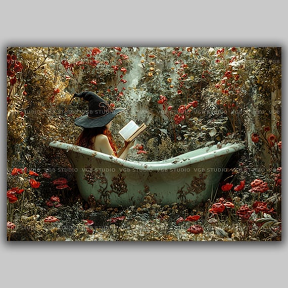 Witch Reading in Bathtub Art Print Fantasy Bathroom Wall Art Gothic Witchcraft Decor Enchanted Book Lover Artwork Magical Dark Academia S86