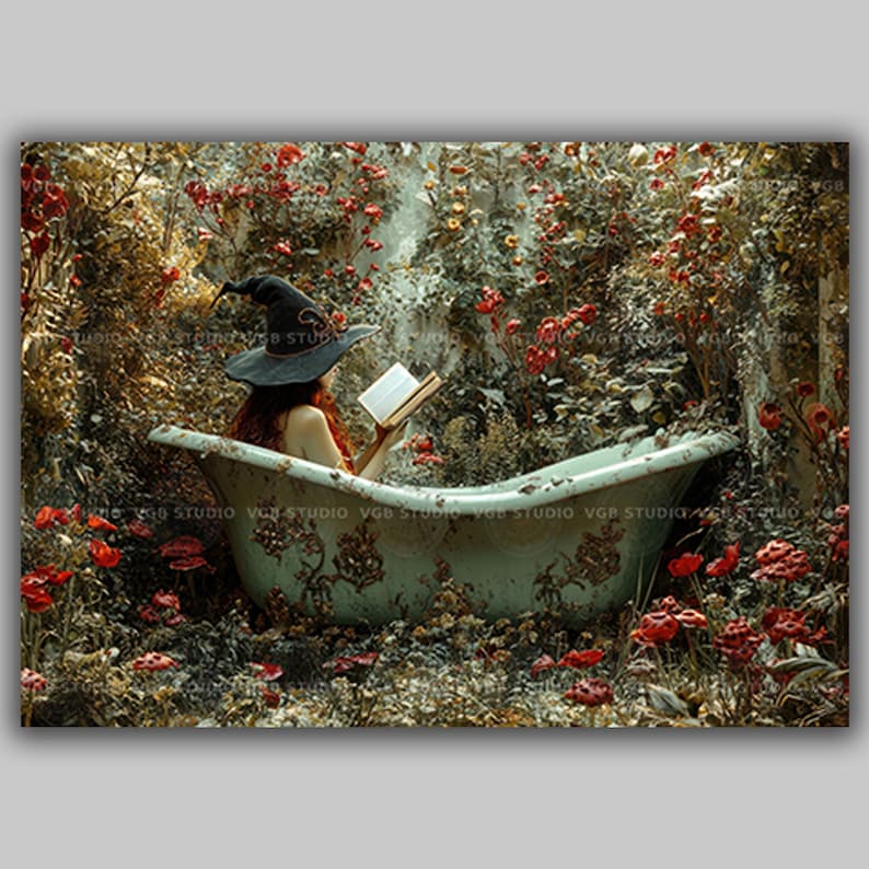 Bruja en la bañera, lámina decorativa para pared, leyendo un libro en un jardín floral, baño de brujas, estilo cottagecore oscuro, fantasía, póster horizontal Whimsigoth S86 imagen 1