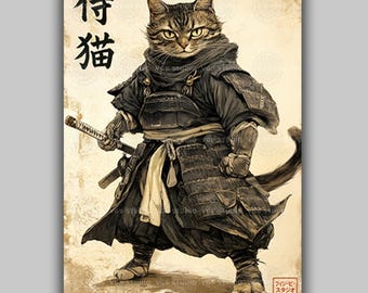 Samurai Cat Art Print Japanese Warrior Cat Wall Decor Katana Cat Illustration Bushido Animal Art Traditional Ink Style Whimsical Home AJ31