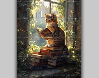 Muurdecoratie met een oranje gestreepte kat die een boek leest, groene ogen, zonlicht, vervallen bibliotheek, licht, academia, cottagecore, olieverfschilderijstijl AE95