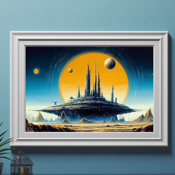 Retro Futurist Colony on Alien Planet Space Artwork Art Sci-Fi Pop Space Vintage Poster Print Wall Art 1970s 1980s Oil Painting A67