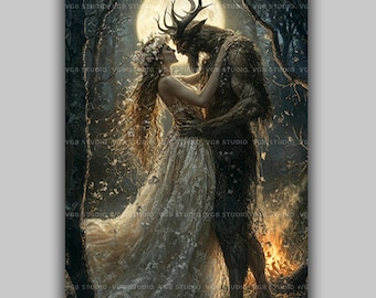 May Queen Beltane Horned God Folklore Art Print, Dark Romance, Celtic Pagan Decor, Enchanted Forest, Divine Feminine, Witchy Gifts AF49