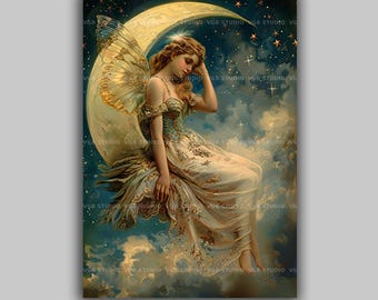 Moon Fairy Art Print Celestial Fantasy Woman Sitting on Crescent with Stars Whimsical Faerie Girl in Dreamy Dress Magical Night Sky r77