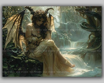Lilith Succubus Wall Art Print, Horned Demon Woman with Serpents, Dark Fantasy Swamp Goddess, Gothic Occult Witchy Decor, Fallen Angel P56