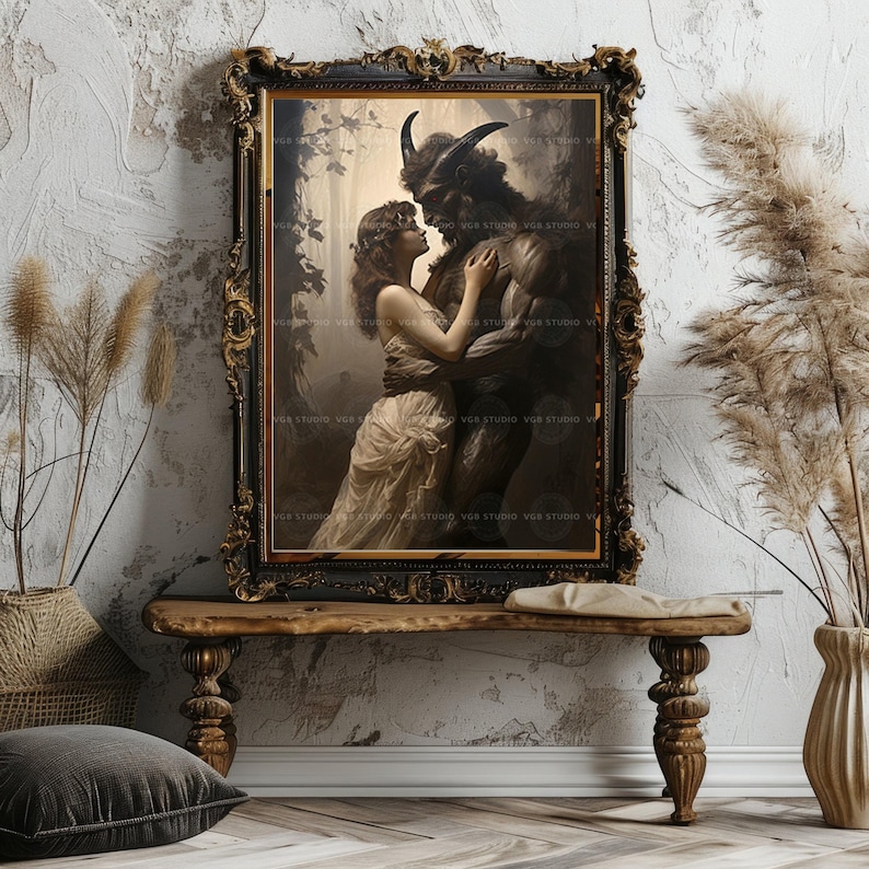 Gothic Monster Romance Wall Art Print, Horned Beast And Woman Embrace, Dark Fantasy Lovers, Occult Fairy Tale, Beauty Beast Macabre E08 image 2