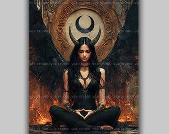 Tantric Lilith Pagan Demon Goddess Print, Dark Feminine Meditation Decor, Mystical Occult Sacred,Gothic Divine Dark Angel Spiritual Art ab21