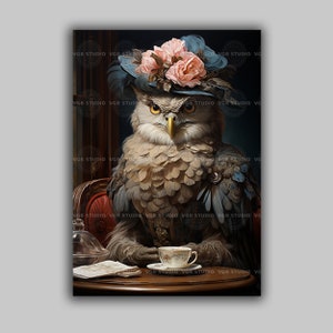 Victorian Owl Art Print Whimsical Animal Portrait Teatime Decor Fantasy Bird Illustration Floral Hat Funny Owl Wall Art for Kitchen H97