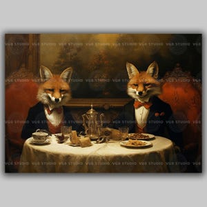 Wiktoriański wydruk ścienny z kolacją z lisa, zabawny portret zwierzęcia, dżentelmen, lisy, dekoracja na przyjęcie herbaciane, jadalnia w stylu dark academia, zabawne dzieło sztuki, A25