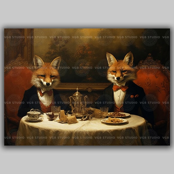 Wiktoriański wydruk ścienny z kolacją z lisa, zabawny portret zwierzęcia, dżentelmen, lisy, dekoracja na przyjęcie herbaciane, jadalnia w stylu dark academia, zabawne dzieło sztuki, A25