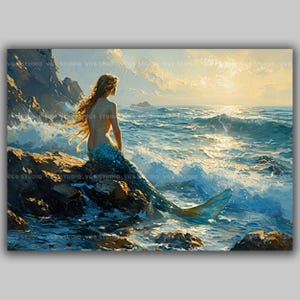 Mermaid on Rocks at Sunset Art Print | Ocean Fantasy Wall Decor | Waves Beach Tail Scales Impressionist Romantic Coastal Painting | K53