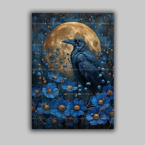 Raven Moon Wand Kunst Druck, Gothic Blumen Vogel Dekor, Blaue Wildblumen Malerei, Dark Academia Crow Poster, Celestial Night Garden S33