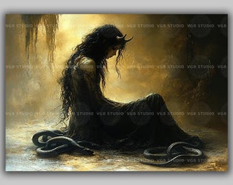 Lilith Art Print Dark Goddess Snake Horns Feminine Power Mythology Witch Decor Occult Surreal Woman Shadow Witchcraft Gothic Wall Art x28