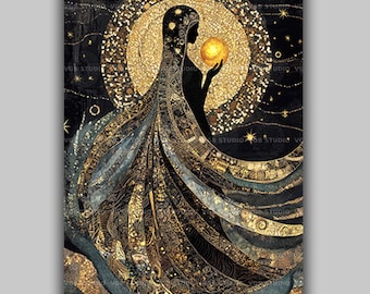 Astarte Goddess with Moon Art Print | Ancient Mythology Wall Decor | Celestial Mosaic Stars Art Nouveau Queen Divine Mystical Painting AH73