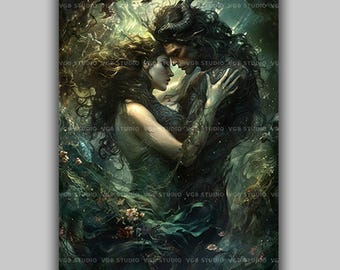 Hades And Persephone Wall Art Print Greek Mythology Underworld Romance Dark Fantasy Illustration Ancient Gods Pagan Decor Mythic Lovers W90