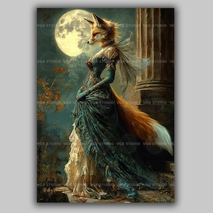 Fox Lady Art Print Elegant Anthropomorphic Animal Wall Decor Moonlit Fantasy Noblewoman in Gown Whimsical Gothic Foxcore Artwork x49