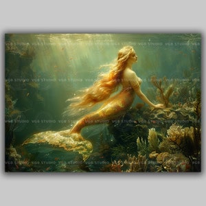 Golden Mermaid Art Print Underwater Fantasy Woman Mermaid Decor Ocean Goddess Siren Wall Art Dreamy Sea Life Home Gift Illustration q48