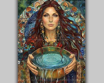 Celtic Mother Earth Goddess Danu Wall Art Print, Sacred Water Deity Decor, Irish Mythology Divine Feminine Spiritual Pagan Altar Gift AL19