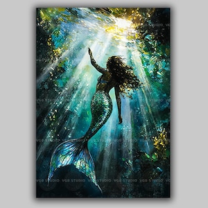 Mermaid Art Print Underwater Fantasy Decor Ocean Wall Art Enchanting Woman Poster Iridescent Sea Siren Mythical Creature Painting aa67