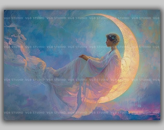 Selene Moon Goddess Art Print | Woman Sitting on Crescent Moon Clouds Pastel | Classical Wall Decor Bedroom Living Room Celestial | Q23